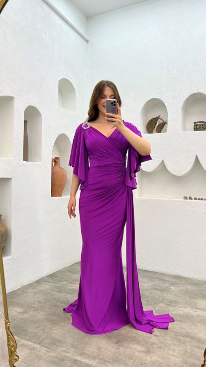 Purple Shoulder And Waist Embroidered Flounce Plus Size Evening Dress