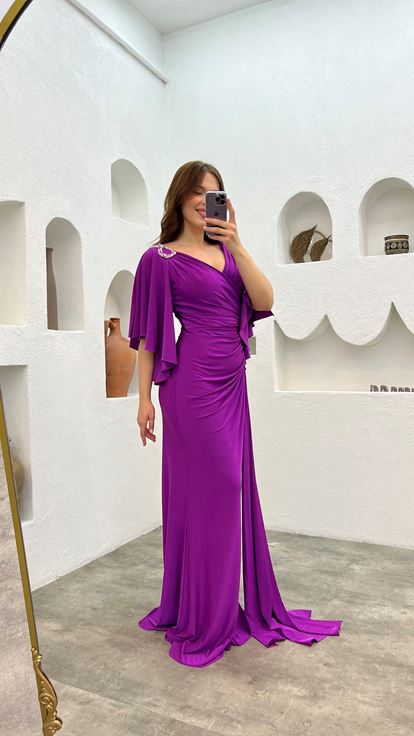 Purple Shoulder And Waist Embroidered Flounce Plus Size Evening Dress