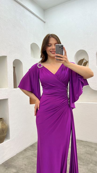 Purple Shoulder And Waist Embroidered Flounce Plus Size Evening Dress