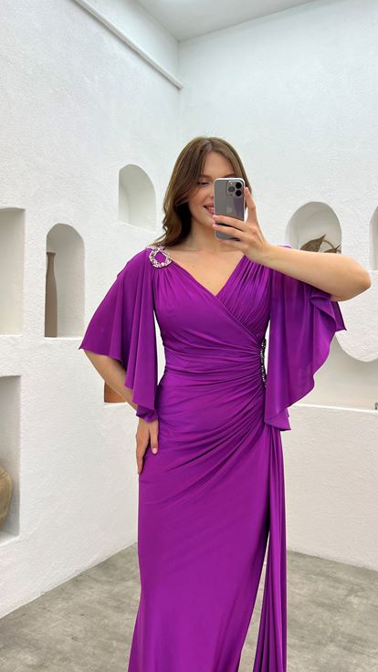 Purple Shoulder And Waist Embroidered Flounce Plus Size Evening Dress