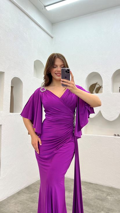 Purple Shoulder And Waist Embroidered Flounce Plus Size Evening Dress