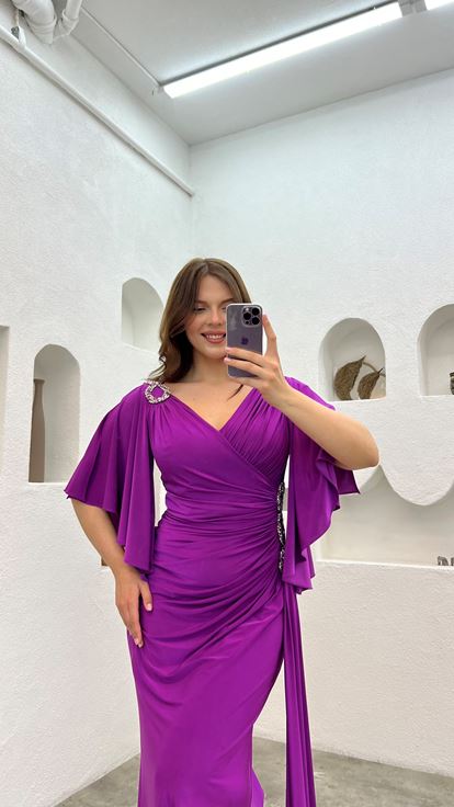 Purple Shoulder And Waist Embroidered Flounce Plus Size Evening Dress