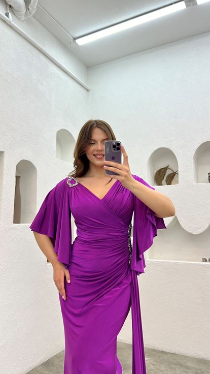 Purple Shoulder And Waist Embroidered Flounce Plus Size Evening Dress