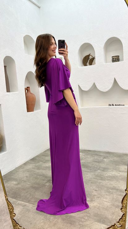 Purple Shoulder And Waist Embroidered Flounce Plus Size Evening Dress