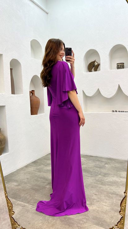 Purple Shoulder And Waist Embroidered Flounce Plus Size Evening Dress