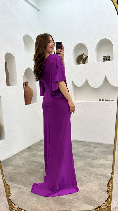 Purple Shoulder And Waist Embroidered Flounce Plus Size Evening Dress