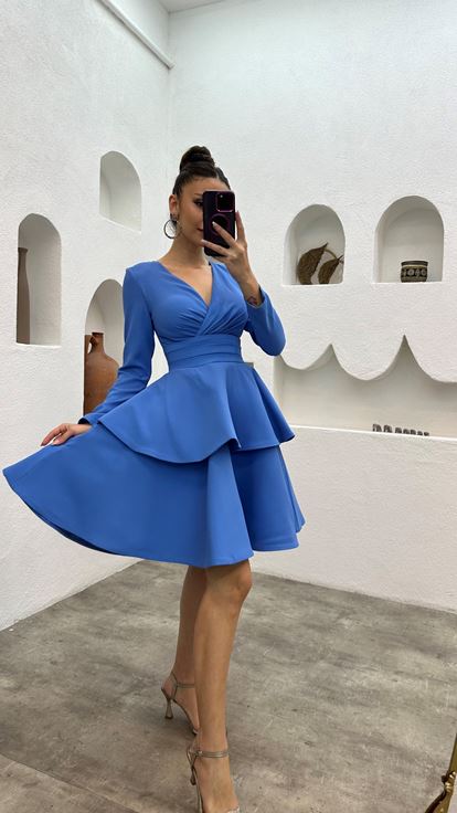 Blue V-Neck Belted Tiered Design Evening Dress