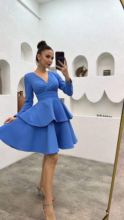 Blue V-Neck Belted Tiered Design Evening Dress