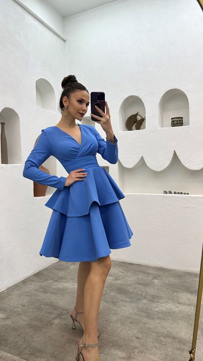 Blue V-Neck Belted Tiered Design Evening Dress