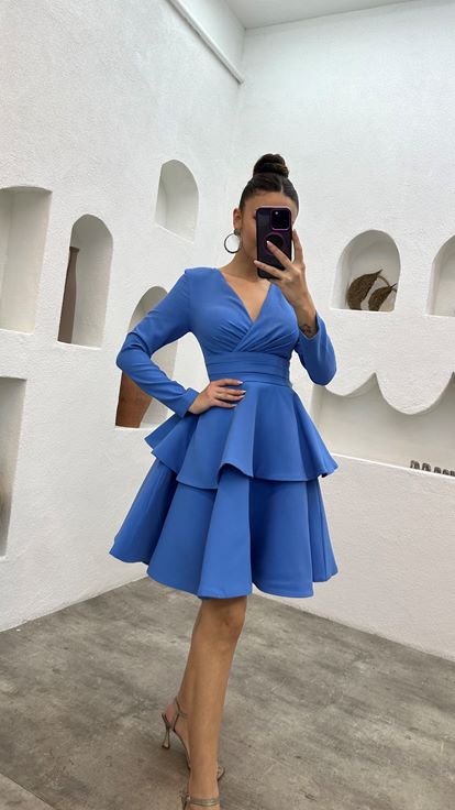 Blue V-Neck Belted Tiered Design Evening Dress