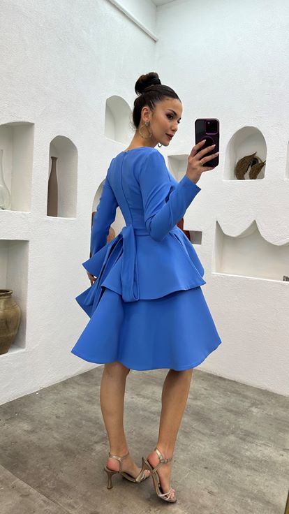 Blue V-Neck Belted Tiered Design Evening Dress