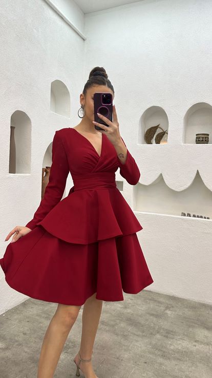 Red V-Neck Belted Tiered Design Evening Dress