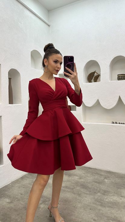 Red V-Neck Belted Tiered Design Evening Dress
