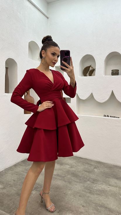 Red V-Neck Belted Tiered Design Evening Dress