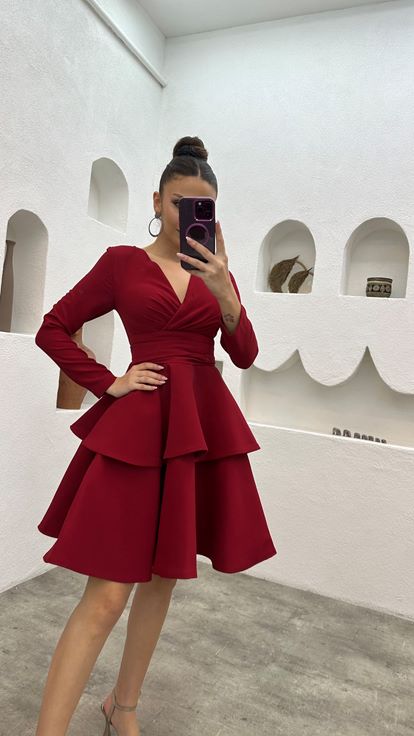 Red V-Neck Belted Tiered Design Evening Dress