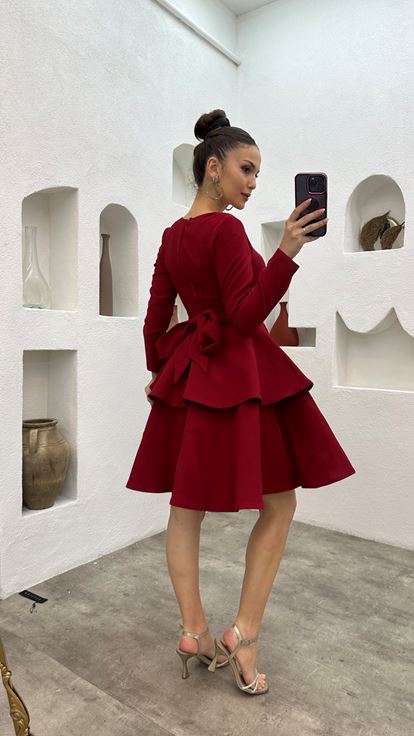 Red V-Neck Belted Tiered Design Evening Dress