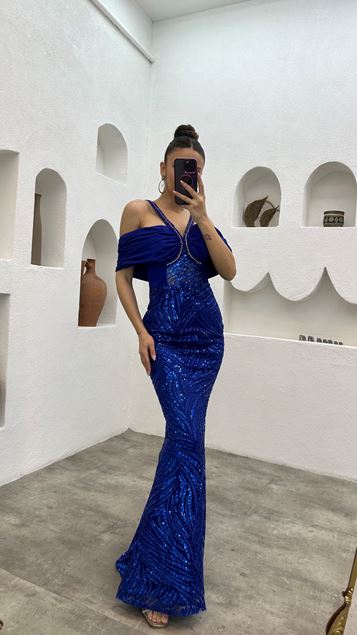 Sax Strap Embroidered Shoulder Detail Design Evening Dress