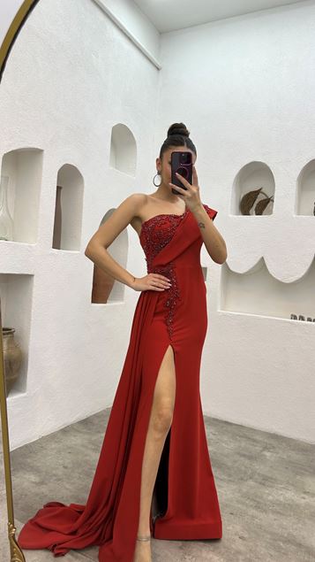 Red One Shoulder Embroidered Design Evening Dress