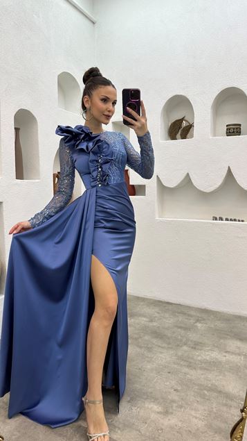 Indigo Embroidered Shoulder Detail Design Evening Dress