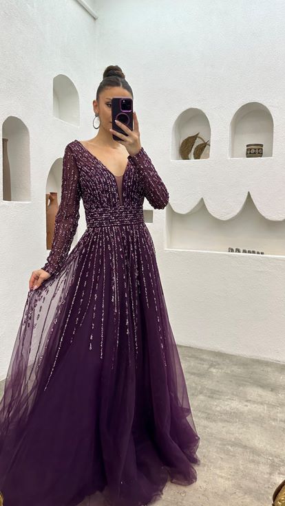 Mor Taşlı İşlemeli Tül Abiye Elbise
