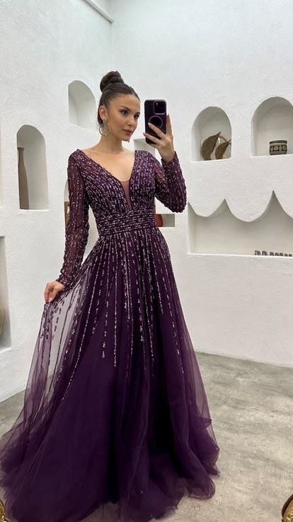 Mor Taşlı İşlemeli Tül Abiye Elbise