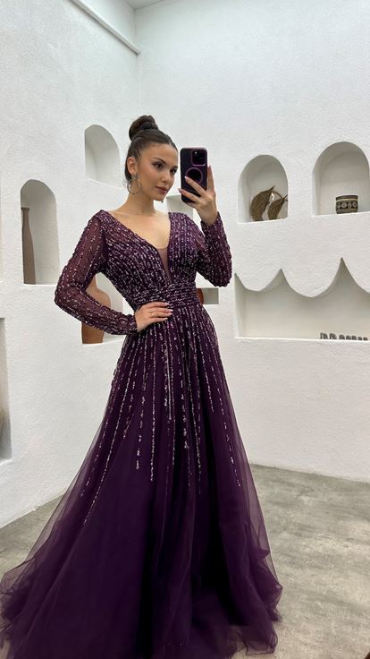 Mor Taşlı İşlemeli Tül Abiye Elbise