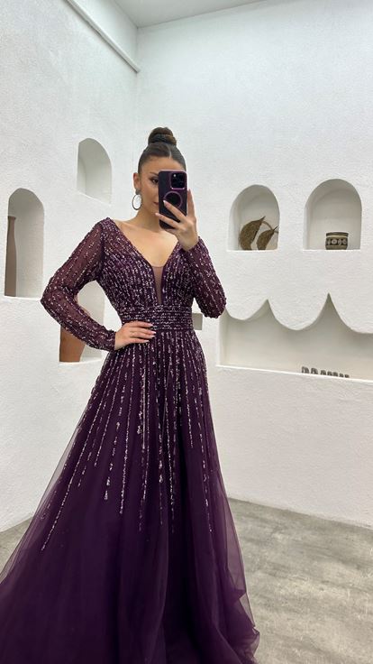 Mor Taşlı İşlemeli Tül Abiye Elbise