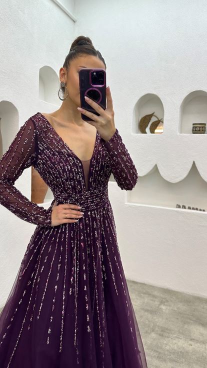 Mor Taşlı İşlemeli Tül Abiye Elbise