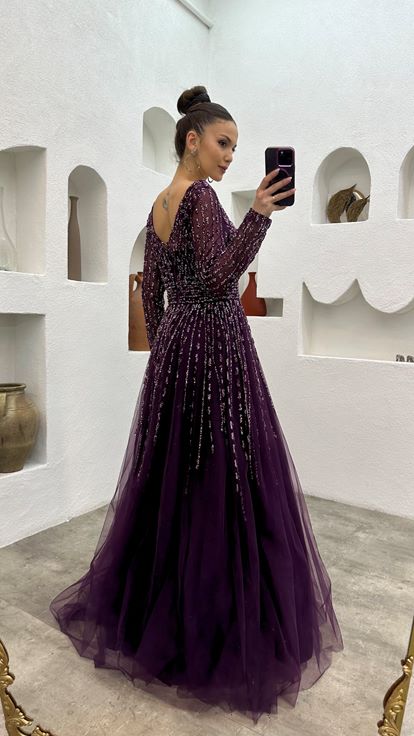 Mor Taşlı İşlemeli Tül Abiye Elbise