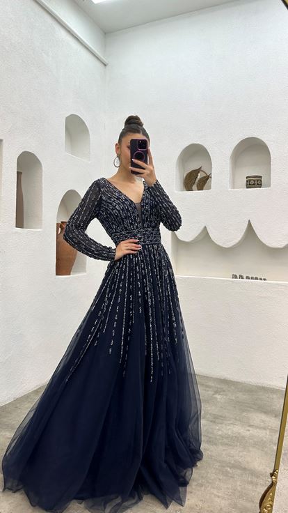Lacivert Taşlı İşlemeli Tül Abiye Elbise
