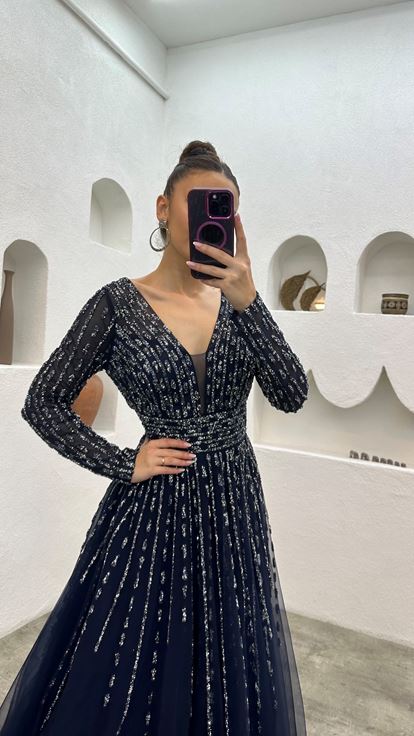 Lacivert Taşlı İşlemeli Tül Abiye Elbise