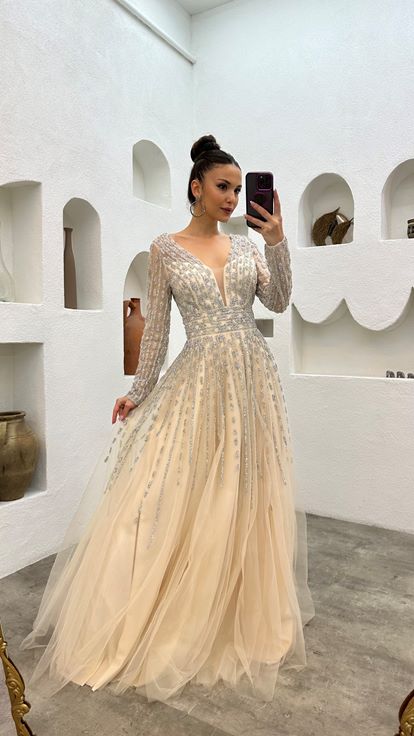 Pudra Taşlı İşlemeli Tül Abiye Elbise