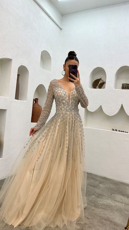 Pudra Taşlı İşlemeli Tül Abiye Elbise