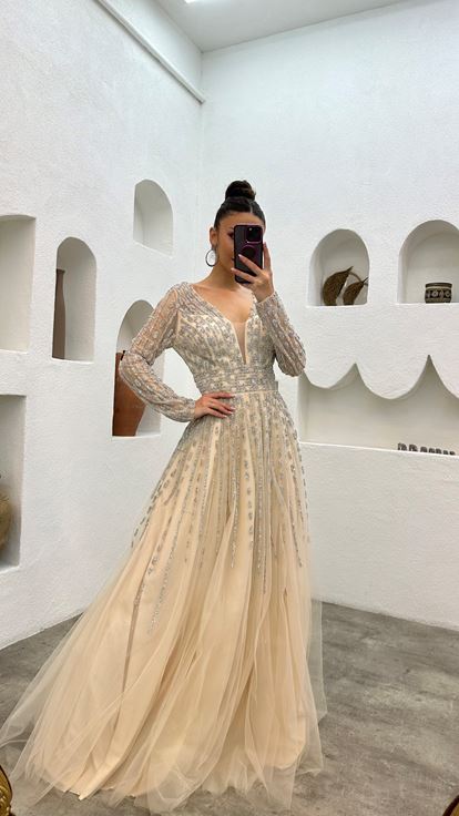 Pudra Taşlı İşlemeli Tül Abiye Elbise