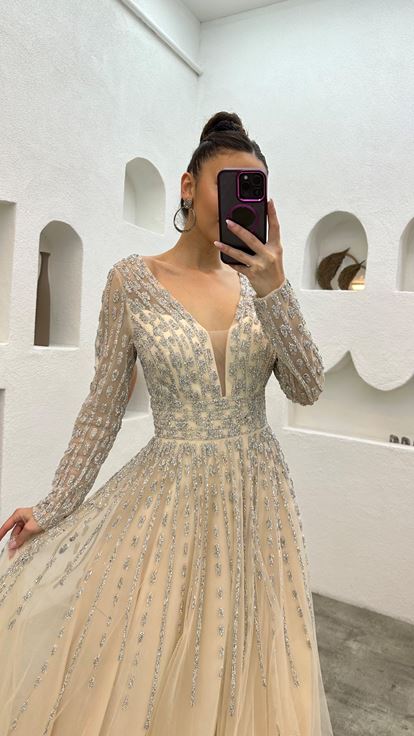 Pudra Taşlı İşlemeli Tül Abiye Elbise