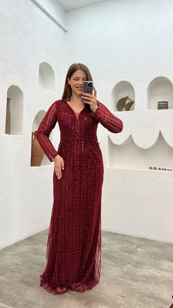 Claret Red Sequin Design Plus Size Evening Dress