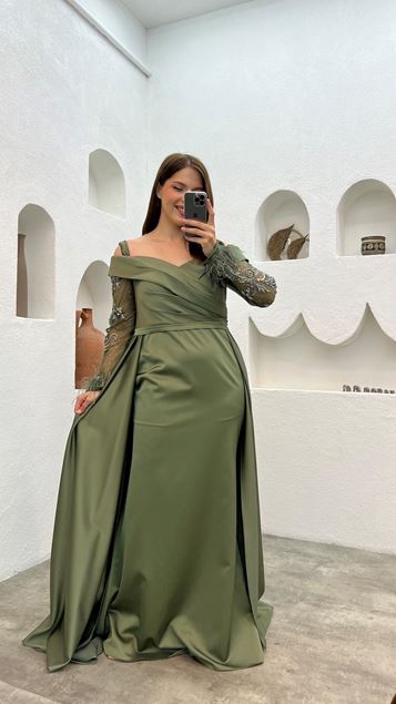 Khaki Strap Sleeves Tulle Embroidered Evening Dress