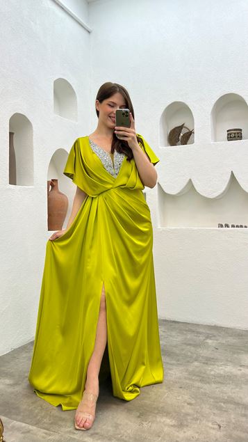 Yellow Chest Stone Embroidered Design Evening Dress