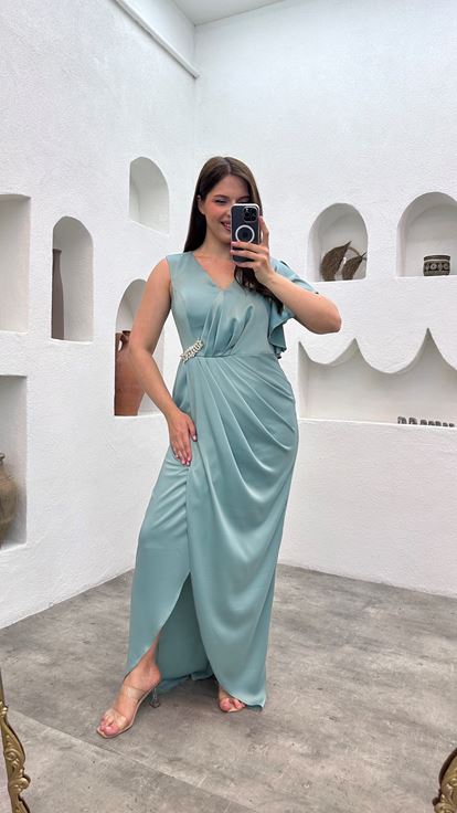 Turkuaz Tek Kolu Volanlı İşlemeli Büyük Beden Abiye Elbise