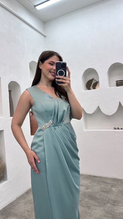 Turkuaz Tek Kolu Volanlı İşlemeli Büyük Beden Abiye Elbise