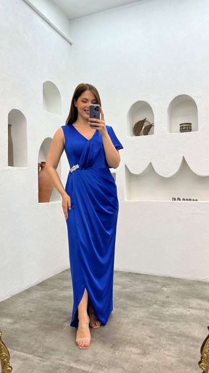 Mavi Tek Kolu Volanlı İşlemeli Büyük Beden Abiye Elbise