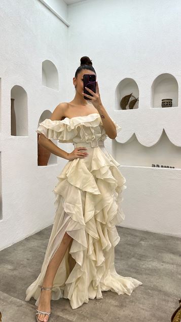 White Flared Belt Detail Satin Evening Dress