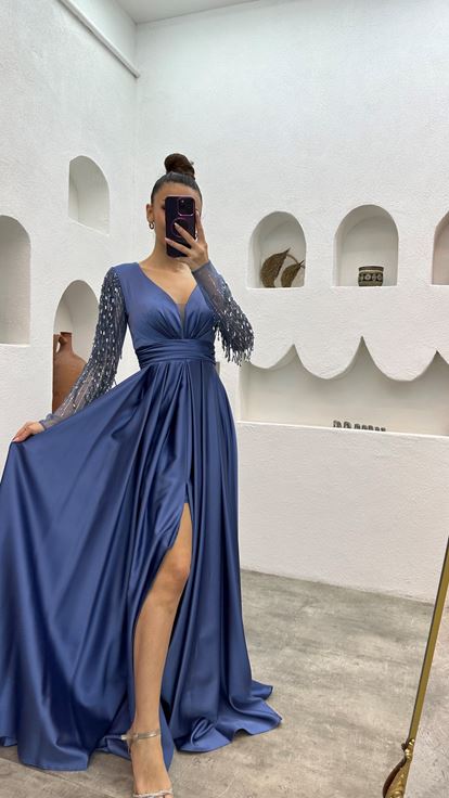 Indigo Evening Dress with Embroidered Sleeves