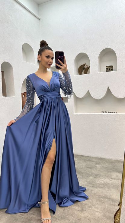 Indigo Evening Dress with Embroidered Sleeves