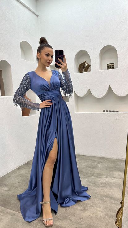 Indigo Evening Dress with Embroidered Sleeves