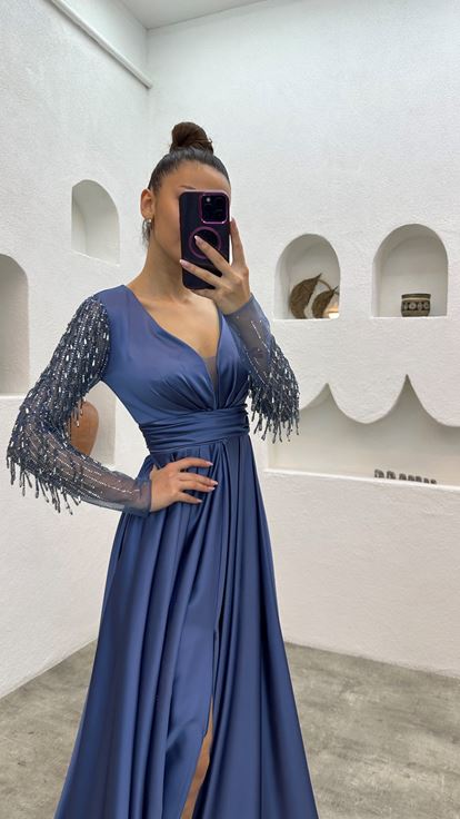 Indigo Evening Dress with Embroidered Sleeves