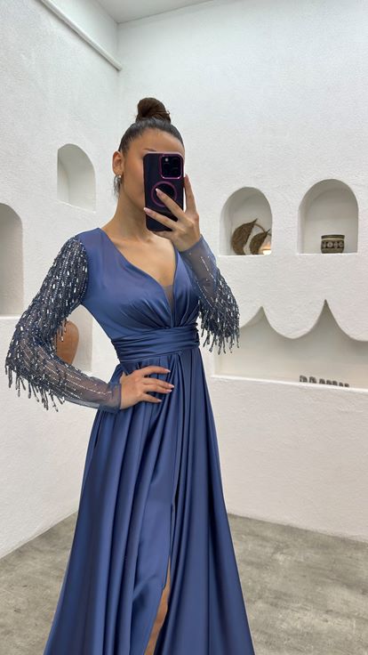 Indigo Evening Dress with Embroidered Sleeves