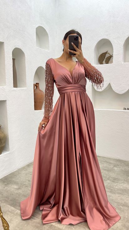 Rose Pink Evening Dress with Embroidered Sleeves