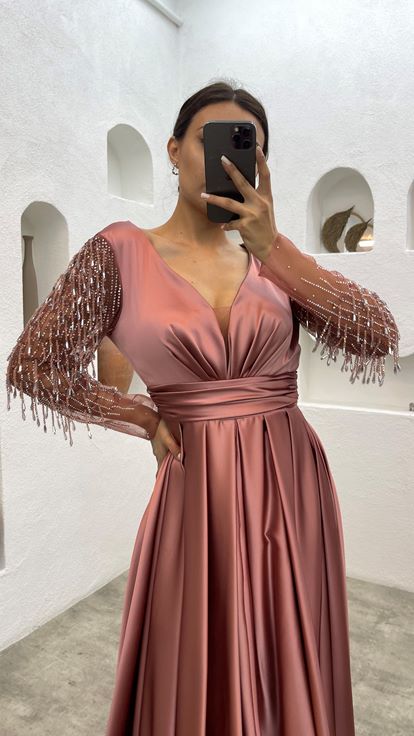 Rose Pink Evening Dress with Embroidered Sleeves