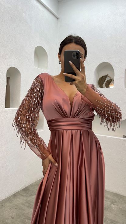 Rose Pink Evening Dress with Embroidered Sleeves